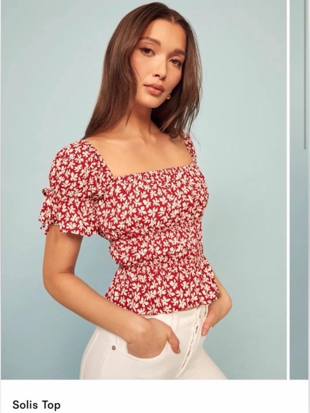 Reformation Red Floral Smocked Square-Neck Top